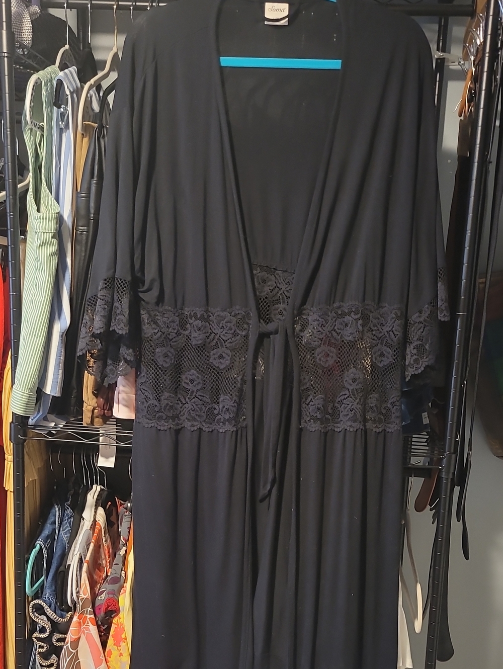 Soma Black Lace-Trim Long Robe with Tie Waist